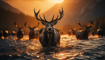 Majestic stag in winter forest at sunset generated by AI