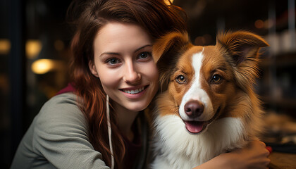 Smiling woman holds cute puppy, purebred Shetland Sheepdog generated by AI