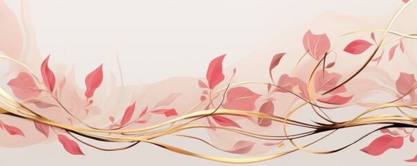 Abstract botanical background with tree branches and leaves in line art. Maroon and golden leaf, brush, line, splash of paint 