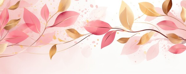 Abstract botanical background with tree branches and leaves in line art. Maroon and golden leaf, brush, line, splash of paint 