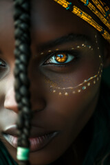 beautiful african tribe woman, tribal markings, very detailed eye and iris, rasta hair, she is...
