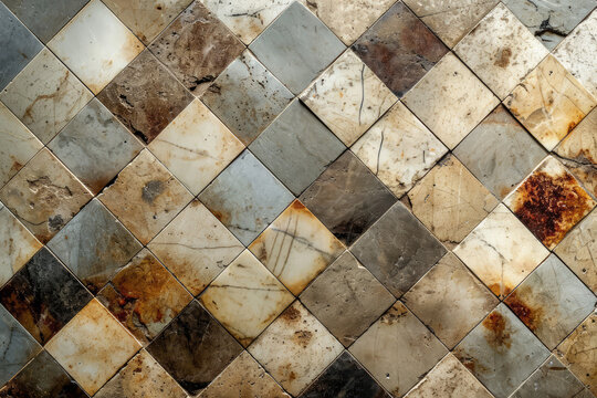 Worn vintage tile, top down tiled floor pattern interior carved tile surface material texture, stock photo