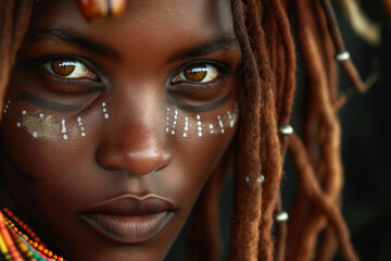 beautiful african tribe woman, tribal markings, very detailed eye and iris, rasta hair, she is...