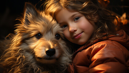 Smiling child embraces cute puppy in pure happiness generated by AI