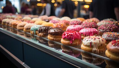 Multi colored donut, fresh strawberry, sweet temptation, indulgence generated by AI