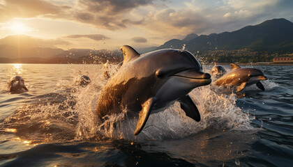 Playful dolphins jumping in the sunset golden light generated by AI - obrazy, fototapety, plakaty