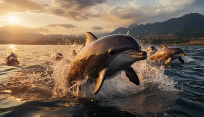 Foto op Plexiglas Playful dolphins jumping in the sunset golden light generated by AI © Jemastock