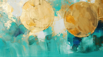 Closeup of abstract rough turquoise, white art painting with oil brushstroke, golden circles,...