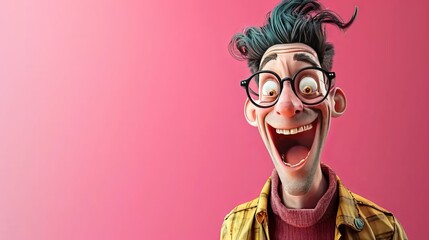 Portrait caricatured creative face design of excited crazy man isolated on pink colored background