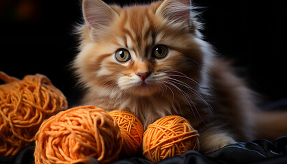 Cute kitten playing with wool ball indoors generated by AI
