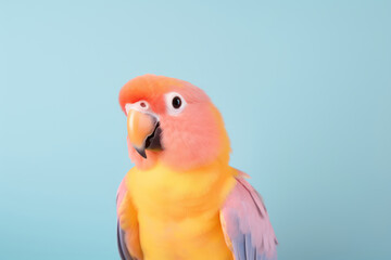 Close up of yellow, orange and pink parrot on plain blue background.