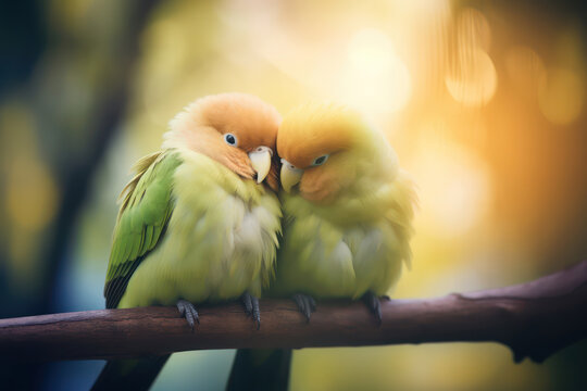 Close up of two colorful parrots sitting together on tree branch. Parrot couple photo with copy space for text. Valentines Day, Love concept.