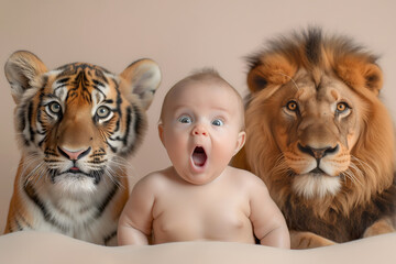 Portrait of a cute surprised adorable baby boy with two big cats, lion and tiger cubs, on isolated...