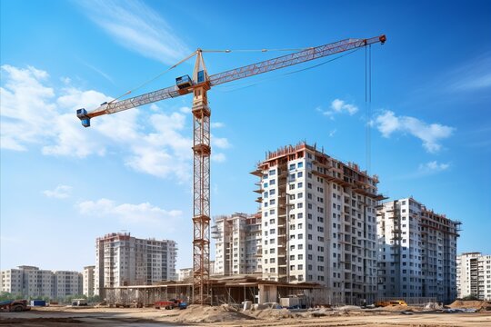 Construction crane building an impressive tall unfinished structure using steel framework