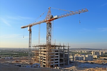 Fototapeta na wymiar Construction crane lifting materials for building tall skyscraper at construction site