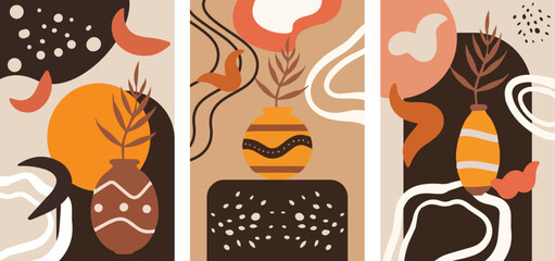 A set of abstract drawings of a floral arrangement, vase, flowers, stains in coffee tones. Template for painting, poster, banner. flyer. Vector drawing design elements.