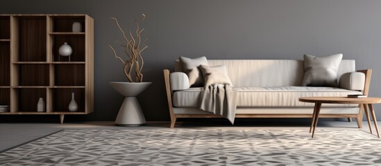 Pattern carpet and wooden furniture in a grey room.