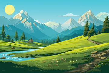 green vector landscape with mountains, river and trees, wallpaper background