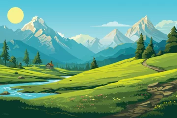 Poster green vector landscape with mountains, river and trees, wallpaper background © Arash