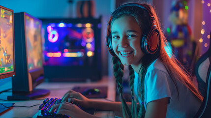 Image of excited happy girl playing video game