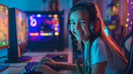 Foto op Canvas Image of excited happy girl playing video game © Jasper W