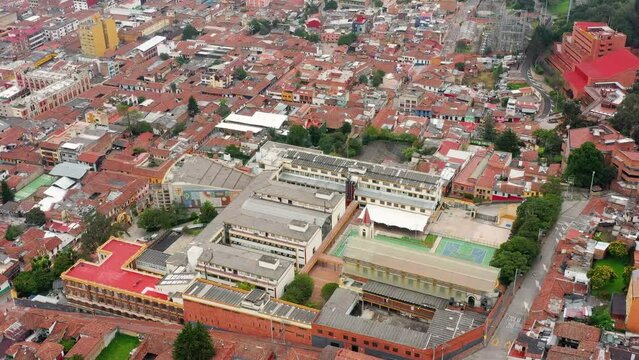 Close up aerial view of  La Candelaria neighborhood in Bogota city.