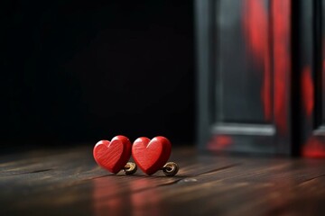 Pair of red hearts on wooden table with dark background and door. Generative AI