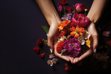 Woman day concept. Female hands holding a diverse multicolored blooming flowers - 710157180