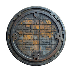 A Round Manhole Cover.. Isolated on a Transparent Background. Cutout PNG.