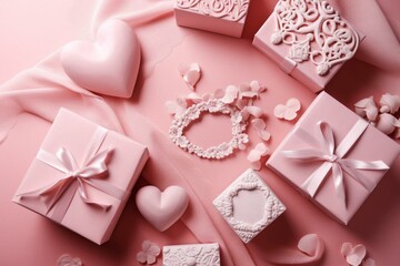 Fototapeta na wymiar hearts and gifts on a pink monochromatic background. Generative AI