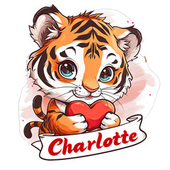 Chibi Tiger Holding a Heart With the Text Charlotte. Isolated on a Transparent Background. Cutout PNG.