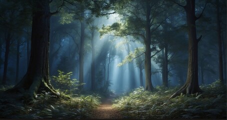 An image of an ethereal forest canopy illuminated by the moonlight, where elegant trees cast refined shadows on the forest floor - Generative AI