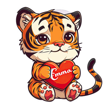 Chibi Tiger Holding a Heart With the Text Emma. Isolated on a Transparent Background. Cutout PNG.