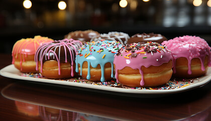 Multi colored donut on pink table, sweet temptation generated by AI