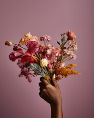 African American Female hand with a colorful flowers in full bloom against a colored background. Vertical format