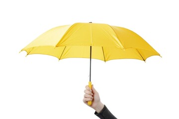 Hand holding yellow umbrella on white background, business concept.