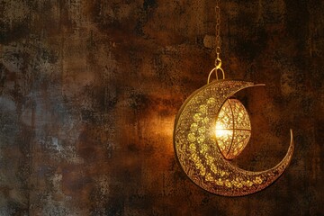 Fototapeta na wymiar Moroccan lanterns and half moon adorned and detailed, decorative background, ramadan concept.