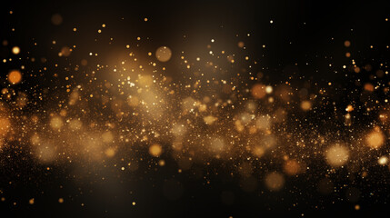 Fototapeta premium Particules scintillantes et brillantes volant sur fond sombre, noir. Lumière orangée, paillettes dorées et flou. Fond pour bannière, conception et création graphique.