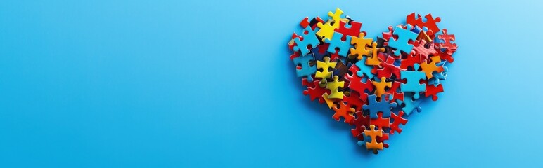 Heart made of colorful puzzle pieces on blue background, autism awareness concept.