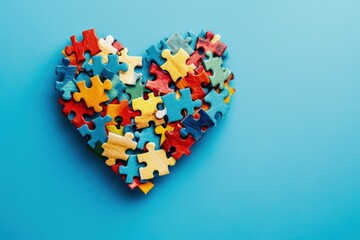 Heart made of colorful puzzle pieces on blue background, autism awareness concept.