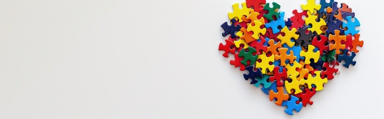 Heart made of colorful puzzle pieces on white background, autism awareness concept.