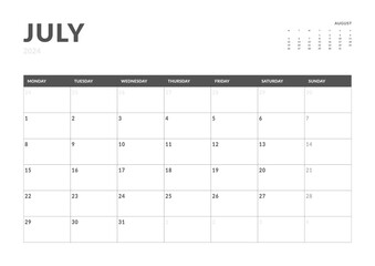 Monthly page Calendar Planner Templates of July 2024. Vector layout of simple calendar with week start Monday for print. Page for size A4 or 21x29.7 cm