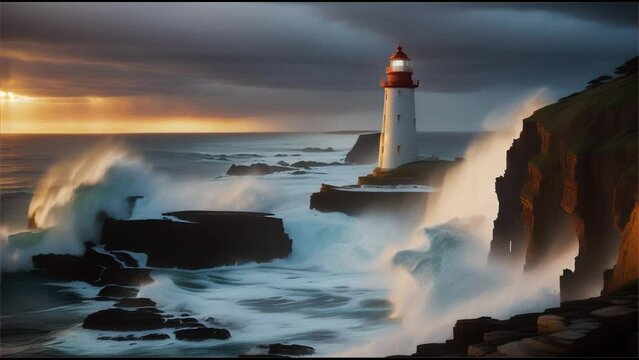 Majestic Lighthouse Amidst Stormy Seas at Sunset