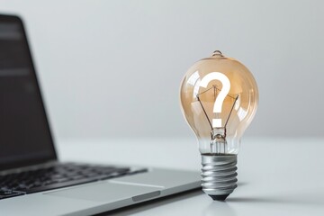 Light bulb with question mark sign and laptop on white background, curiosity, ideas and technology concept. - obrazy, fototapety, plakaty