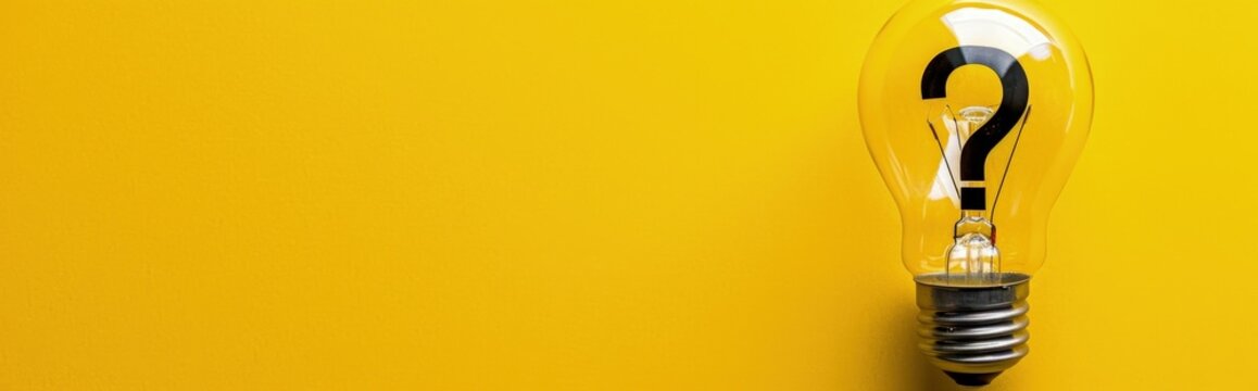 Light bulb and question mark sign on yellow background, concept of creativity, ideas and curiosity.	