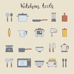 Set of kitchenware, accessories and tools. Collection of icons with outline and colour fill. Iconset with editable stroke