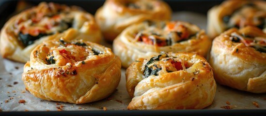 Homemade puff pastry pizza rolls with spinach, chicken, and cheese, taste delicious.