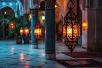 Fototapeta na wymiar Big empty hall with moroccan lanterns hanging, ramadan concept.