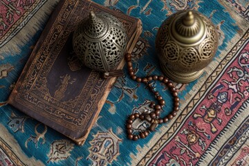 Moroccan hamadan style lantern, isolated wooden background, frame with gold details, Quran on the side.