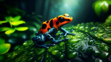 Fototapeta premium Vibrant poison dart frog in a lush tropical rainforest.